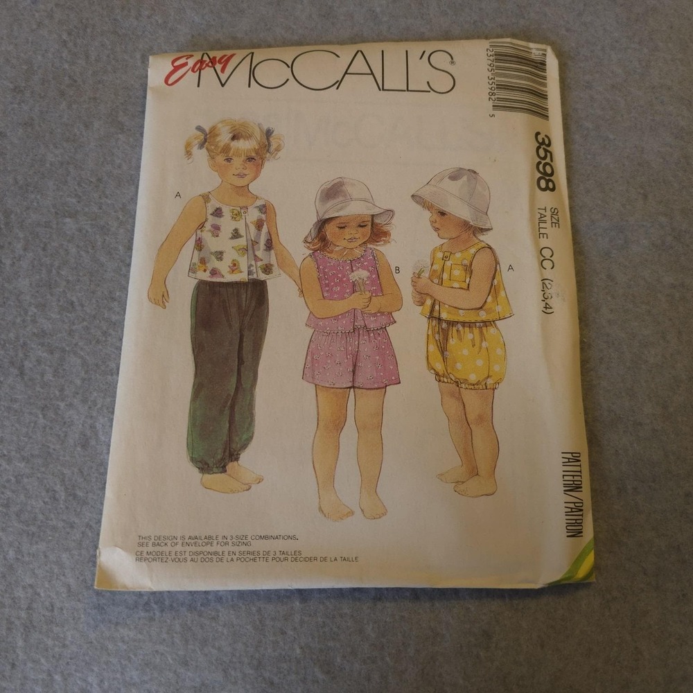 1980's McCall's Toddlers' Top,Pants,Shorts,Bloomers Pattern 3598 Size 2-4 UNCUT